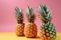 Three pineapples on a pink and yellow background. Tropical fruit. Generative AI Royalty Free Stock Photo