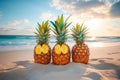 Three pineapples are sitting on the sand with a yellow slice in the middle Royalty Free Stock Photo