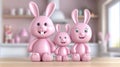 Three pink bunny figurines standing next to each other on a table, AI