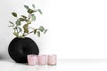 Three pink candlesticks and a eucalyptus branch in a black vase on a white background.