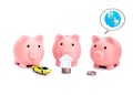 Three pink piggy banks with  dreaming about car, house, journey something with coins  in front of them isolated against whi Royalty Free Stock Photo