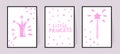 Pink posters with inscriptions Little princess, crown and magic stick pattern in dots. Vector set for Childrens bedroom decor. Royalty Free Stock Photo