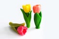 Three pink, red and yellow tulips made from soap on white background Royalty Free Stock Photo