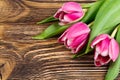 Three pink tulips on a dark wooden Royalty Free Stock Photo