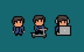 Three pixel art male characters, standing still, using notebook and headset, riding a scooter.