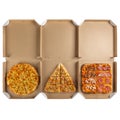 Three pizza boxes of round, triangular and square shape