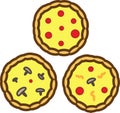 Three pizza colored icon with tomatoes, cheese and mushrooms