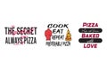 Three pizza themed graphic designs with text and illustrations Royalty Free Stock Photo