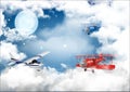 Three planes fly in the sky through the clouds Royalty Free Stock Photo