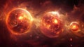 Three planets in space with a bright orange glow, AI Royalty Free Stock Photo