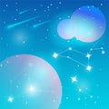 Three planets vector flat Illustration on a blue colors gradient backgroud with constellation of stars, comets, asteroids and soft
