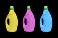 Three plastic bottle for detergent cleaning agent iIsolated on black background. Plastic bottle isolated with clipping path. Empty Royalty Free Stock Photo