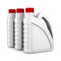 Three plastic canisters motor oil on white background. Isolated 3D illustration