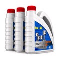 Three plastic canisters motor oil on white background. Isolated 3D illustration