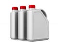 Three plastic canisters motor oil on white background. Isolated