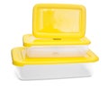 Three plastic containers for food storage. rectangular shape. with a yellow cap. Royalty Free Stock Photo