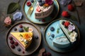 three plates with cakes on them and flowers and berries on the plates next to the plates with the cake on them are decorated with