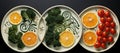 Three plates with different foods on them, AI