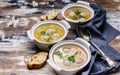 Three plates of vegetable soup with meatballs. Cabbage, potatoes, carrots and meatballs Royalty Free Stock Photo