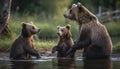 Three playful bear cubs sitting by pond in arctic forest generated by AI