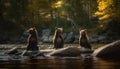 Three playful furry friends standing in tranquil wilderness reflection generated by AI