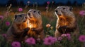 Three Woodchucks Sharing Light at Dusk in a Flower Field Royalty Free Stock Photo