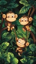 Three playful monkeys swinging on vines in a lush jungle setting