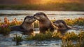 Adorable Otter Family in a Calm Lake at Sunset, Bonding and Enjoying the Serene Environment. Royalty Free Stock Photo