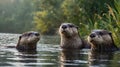 Three Eurasian Otters Swimming in a River at Dawn Royalty Free Stock Photo