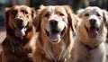 Three playful pets, a labrador, hound, and golden retriever, smiling generated by AI