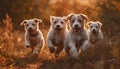Three playful puppies running in a row through the meadow generated by AI