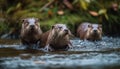 Three playful seals swimming in a wet, blue pond generated by AI