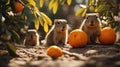 Adorable Baby Squirrels with Oranges in Sunlight Royalty Free Stock Photo