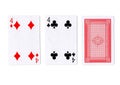 Three playing cards with a pair of fours revealed.