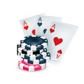 Three playing cards with poker chips isolated