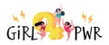 Three plump woman. Girl power, dancing female characters. Women feminists vector concept