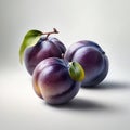 three plums isolated on white background.generative AI