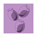 Three plums in thin lines on pastel violet background with white frame