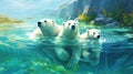 Three polar bears swimming in the water, AI Royalty Free Stock Photo