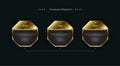 Three polygon golden shape buttons design, the premium options chart for levels and workflow template, the dark golden buttons on
