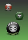 Three pool game balls with mathematical symbols. Vector illustration Royalty Free Stock Photo