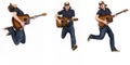 Three poses of a jumping guitarist