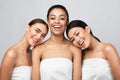 Three Positive Pretty Ladies Posing After Shower In Studio