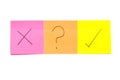 Three post its on white background with a question mark Royalty Free Stock Photo