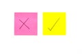 Three post its on white background with a question mark and tick Royalty Free Stock Photo