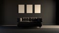 Three poster frames and a single couch in Dark room on tiled parquet floor . Black background. 3D rendering