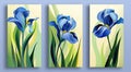 Three posters with green grass and blue flowers on a yellow background. Art painting Royalty Free Stock Photo