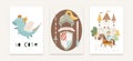 Three posters A knight with a spear and a shield on a horse near the knight`s castle Emblem with knight`s armor and weapons and