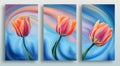 Three posters with tulips in pink and orange colors on a swirly blue background. Royalty Free Stock Photo