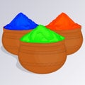Three pots of colorful gulal or colors powder. Indian traditional paint to celebrate Holi in cartoon style. Vector illustration. Royalty Free Stock Photo